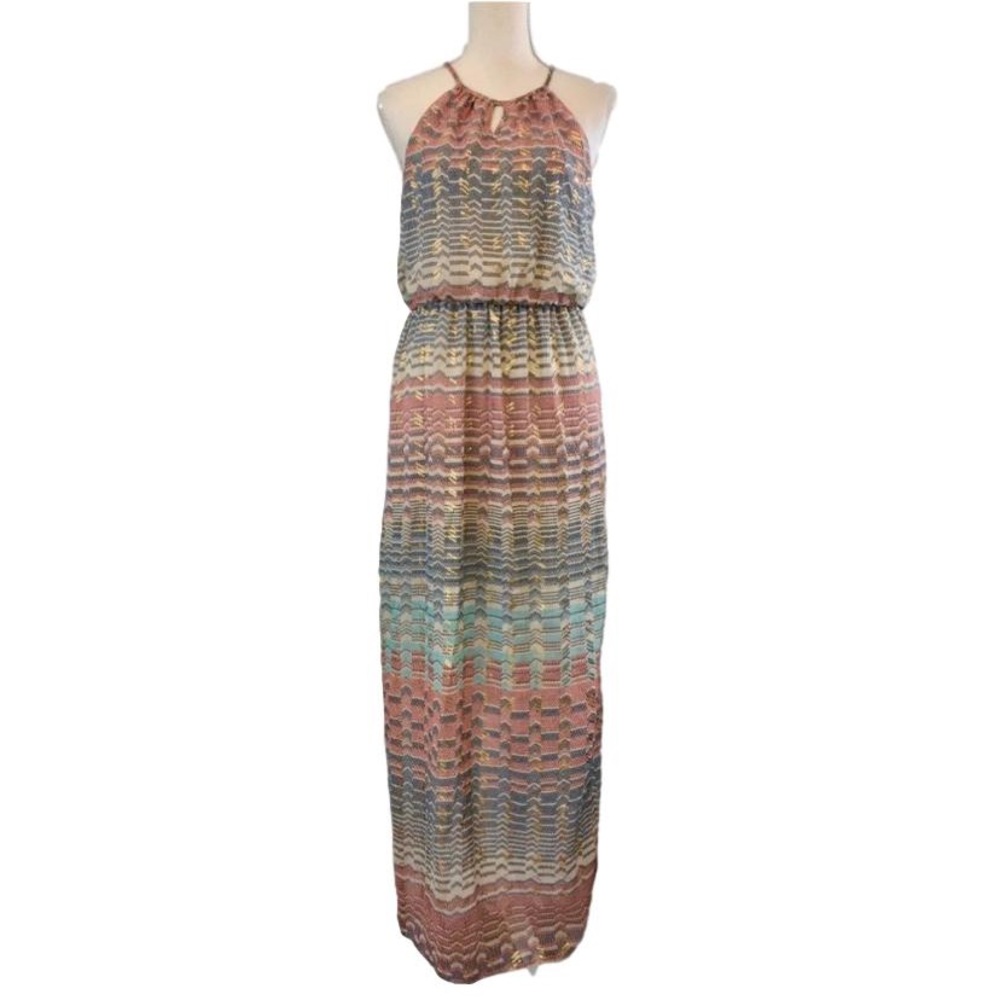 Lily Rose Pink Blue Metallic Gold Maxi dress